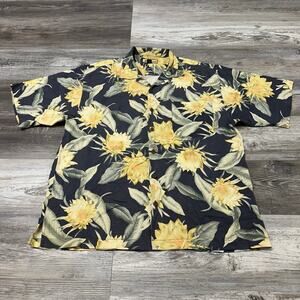 Tommy Bahama Shirt Gray Yellow Men L Floral AOP Tropical Hawaiian Silk Button Up